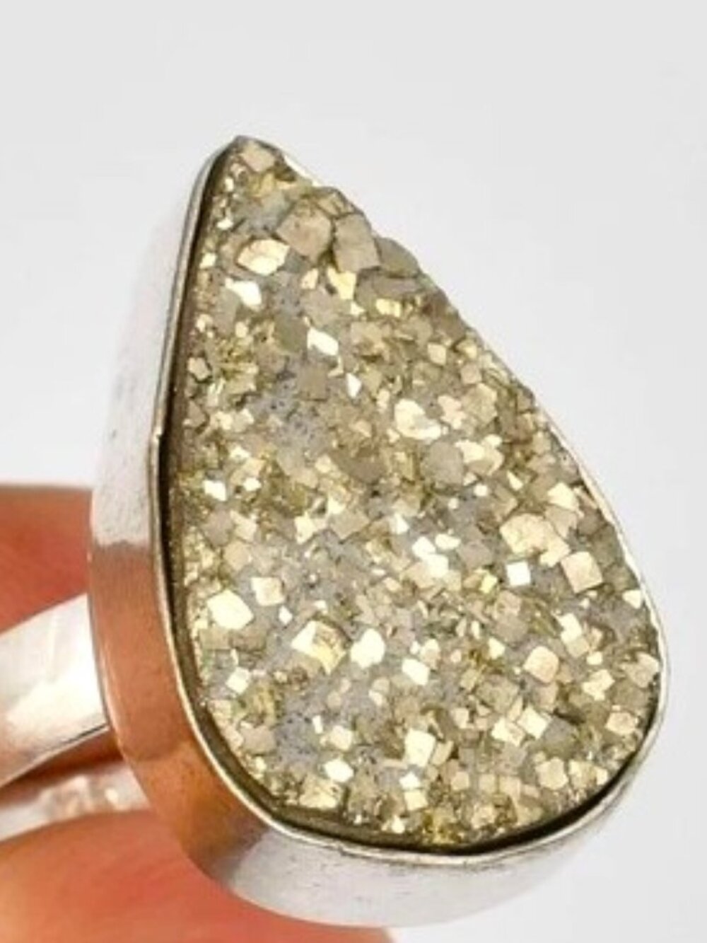 Apache Pyrite Druzy Gemstone Sterling Silver Ring Size 7